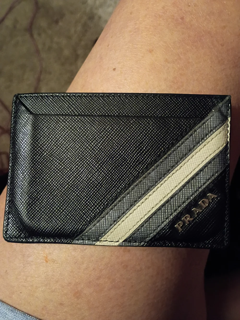 Prada Black Saffiano Leather Card Holder with Cream & Gray Stripe